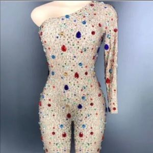 Multi-color glass Rhinestones one sleeve spandex jumpsuit